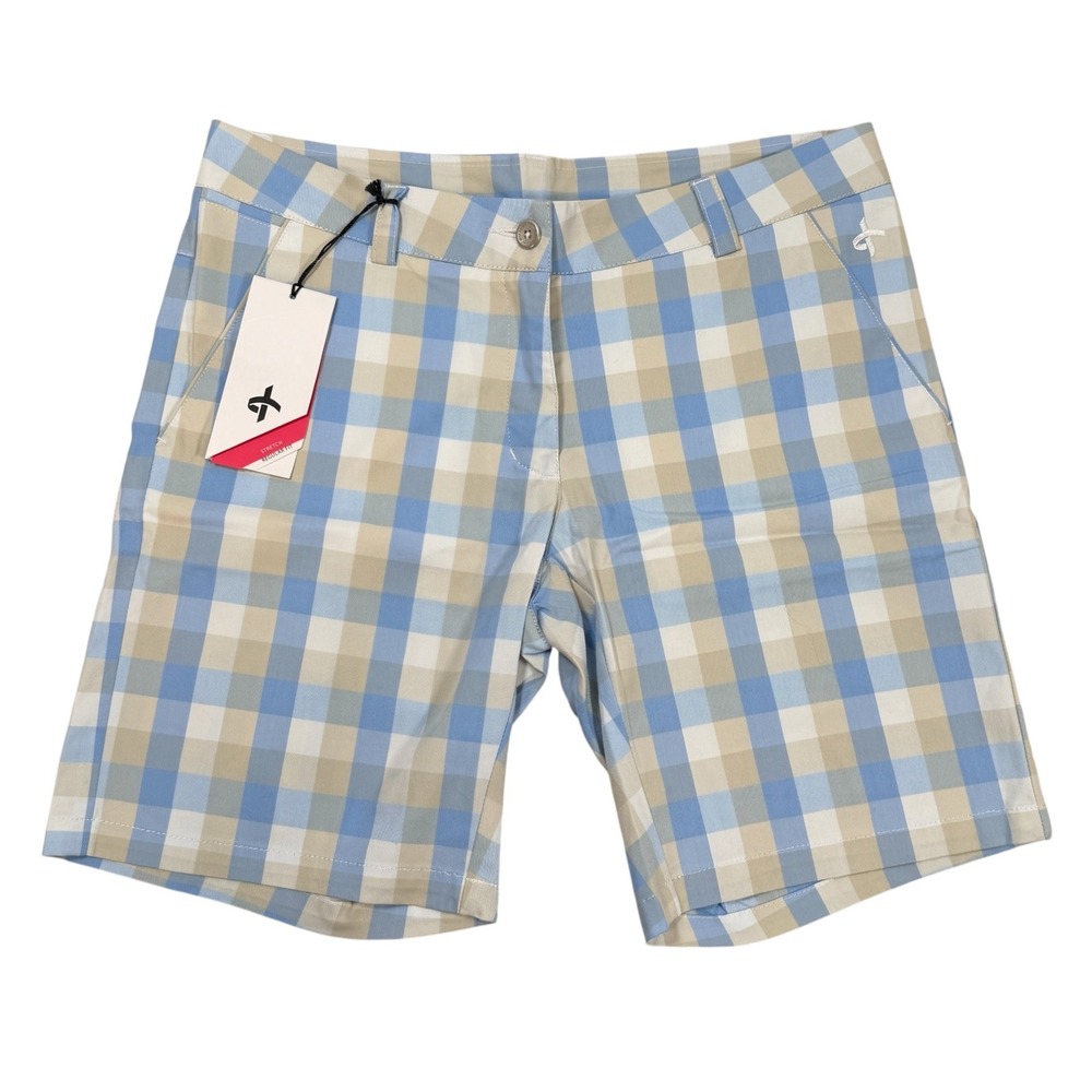 Cross Sportswear Womens Blue Tan Plaid Golf Shorts W Classic Size 8 NWT Swiss